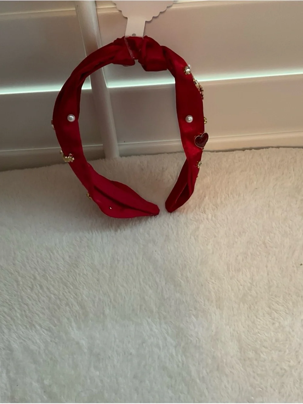 Primark Red Satin Knotted Headband with Pearl & Gold Details